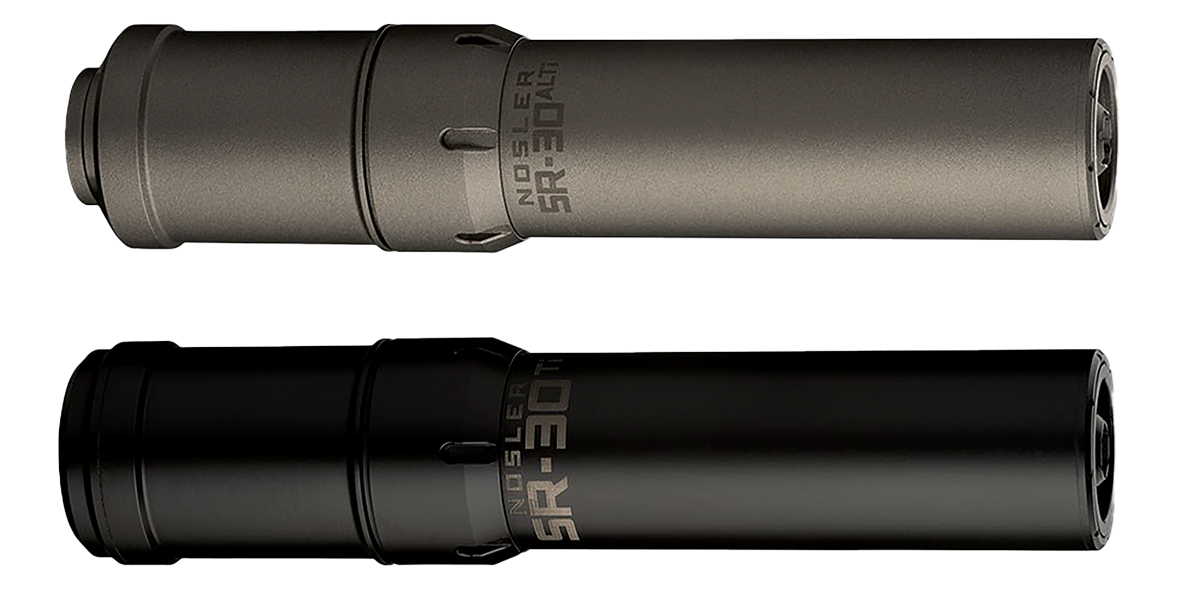 Titanium is lighter than steel, aluminum is lighter than titanium and these Nosler suppressors do a good job of illustrating that. Dimensionally, both are exactly the same, but due to a construction that contains both titanium and aluminum, the SR-30ALTi at the top weighs 9.2 ounces compared to 13.1 ounces for the all-titanium SR-30 Ti. If the same suppressor were of steel its weight would likely exceed 16 ounces.